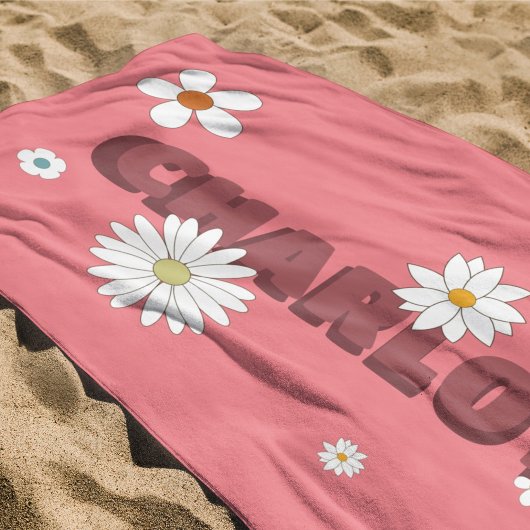 Serviette De Plage Nom personnalisé Pink Retro Style Flowers
