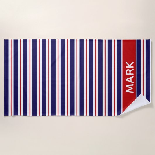 Serviette De Plage Nom Personnalisé Red Blue and White Cabana Stripe (Devant)