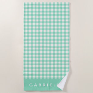 Serviette De Plage Nom personnalisé Retro Mint Vert En vichy Plaid