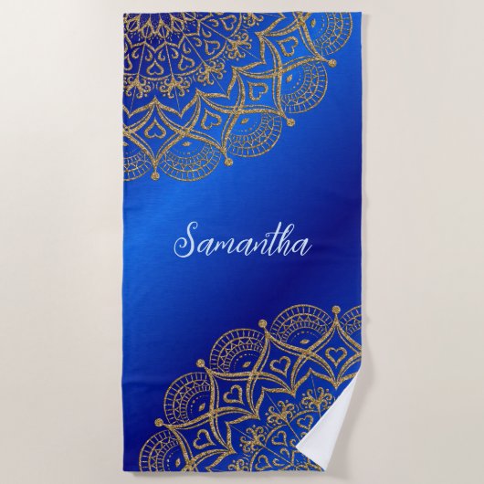 Serviette De Plage Nom personnalisé Royal Blue et or Mandala Elegant (Devant)