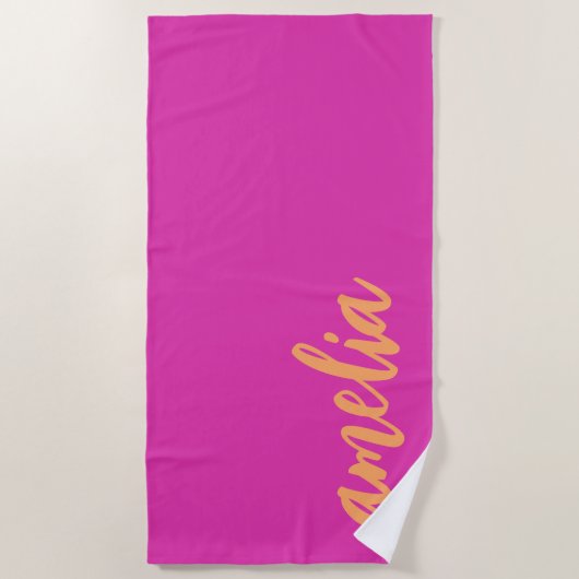 Serviette De Plage Nom personnalisé script bold magenta orange (Devant)