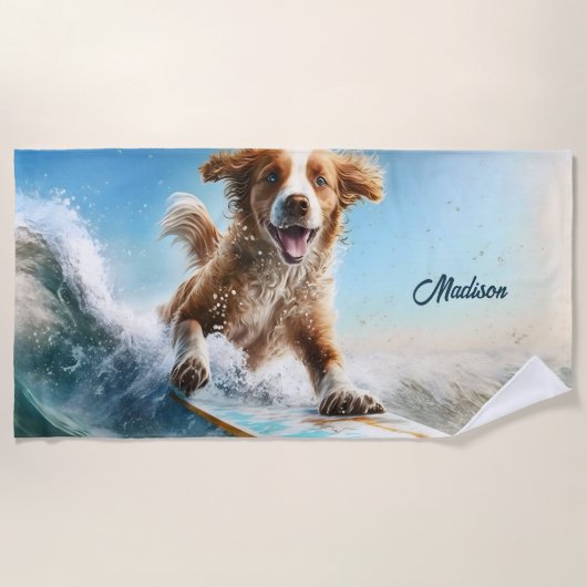 Serviette De Plage Nom personnalisé Surfing Chien (Devant)