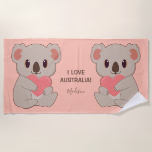 Serviette De Plage Nom personnalisé, texte et couleur amour Koala