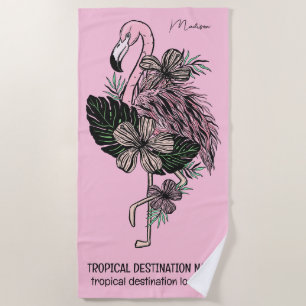 Serviette De Plage Nom personnalisé, texte et couleur Flamant rose ro
