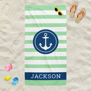 Serviette De Plage Nom personnel nautique Marine Green Stried