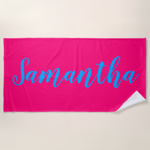 Serviette De Plage Nom rose néon et bleu clair