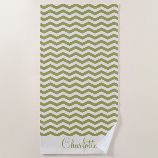 Serviette De Plage Nom vert pastel en rayure zig zag géométrique (Devant)