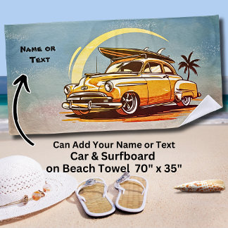 Serviette De Plage Nom, Vieille voiture avec planche de surf et palmi