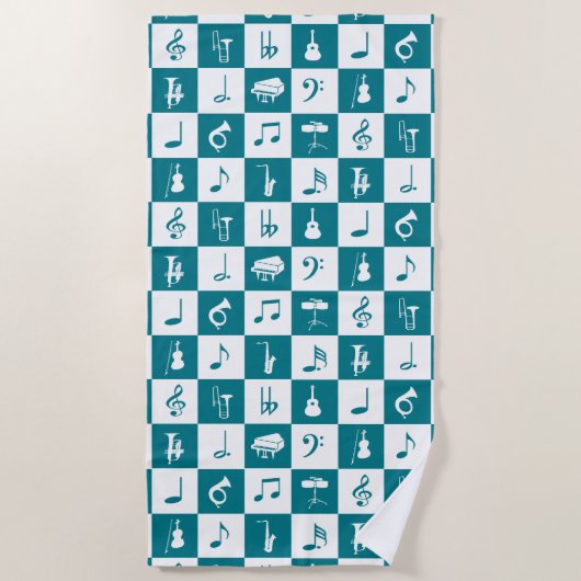 Serviette De Plage Notes et instruments de musique turquoise et blanc (Devant)