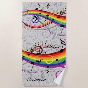 Serviette De Plage Notes musicales noires d'arc-en-ciel sur le gris