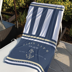 Serviette De Plage Ocean Life Nautical Grey & Yellow Stripe Anchor
