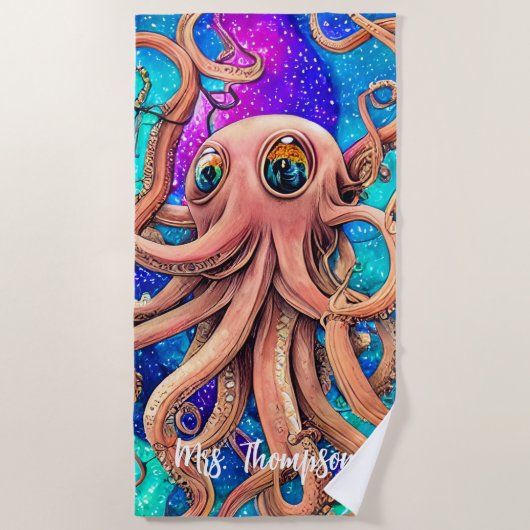 Serviette De Plage Octopus aquarelle avec nom personnalisé (Devant)