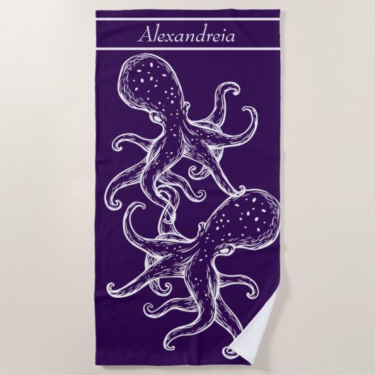 Serviette De Plage Octopus blanc marine moderne océan violet (Devant)
