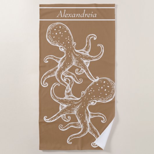 Serviette De Plage Octopus blanc marine moderne Tan (Devant)