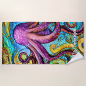Serviette De Plage Octopus rose pourpre avec nom personnalisé (Devant)