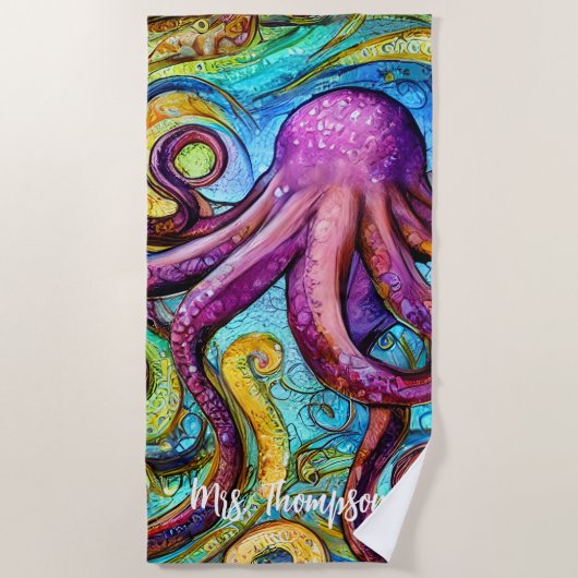 Serviette De Plage Octopus rose pourpre avec nom personnalisé (Devant)