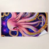 Serviette De Plage Octopus rose Whimsical avec nom personnalisé (Devant)