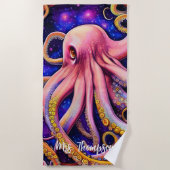 Serviette De Plage Octopus rose Whimsical avec nom personnalisé (Devant)