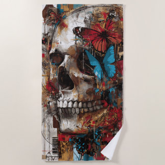 Serviette De Plage Œuvre d'art en collage de crâne de papillon