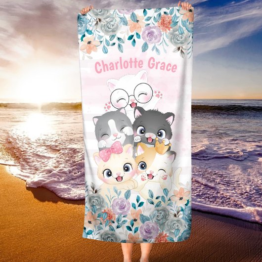 Serviette De Plage Oh So Girly mignonne Happy Kitten Friends Nom Flor