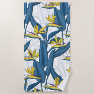 Serviette De Plage Oiseau de fleurs de paradis sur blanc