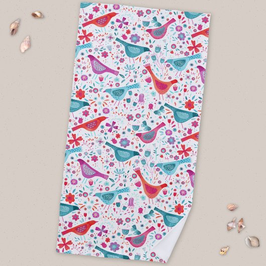 Serviette De Plage Oiseaux et fleurs à l'aquarelle moderne