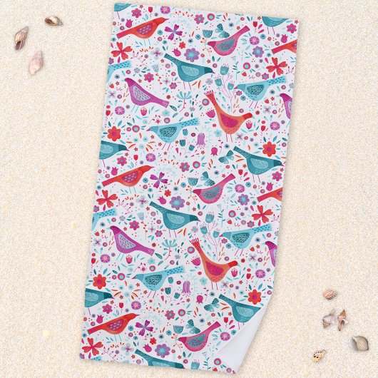 Serviette De Plage Oiseaux et fleurs d'aquarelle modernes