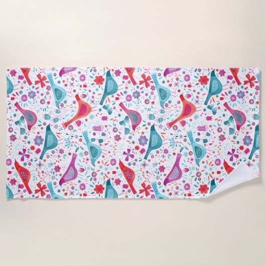 Serviette De Plage Oiseaux et fleurs d'aquarelle modernes (Devant)