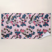 Serviette De Plage Oiseaux et fleurs roses (Devant)