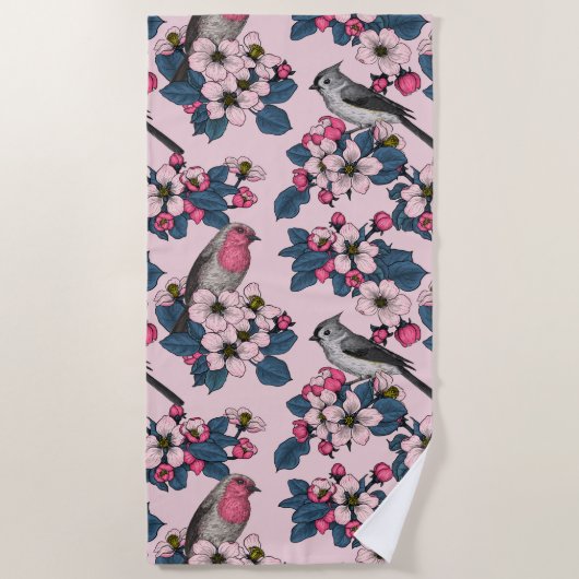 Serviette De Plage Oiseaux et fleurs roses (Devant)