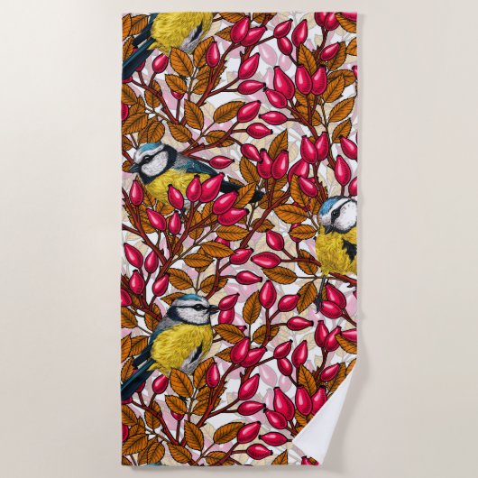 Serviette De Plage Oiseaux et hanches roses de chien (Devant)