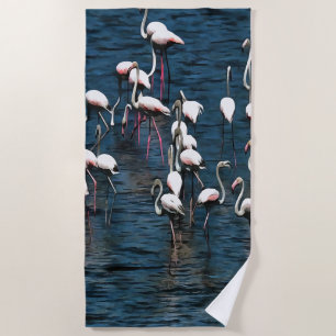 Serviette De Plage Oiseaux Flamants roses en rose et blanc sur bleu I