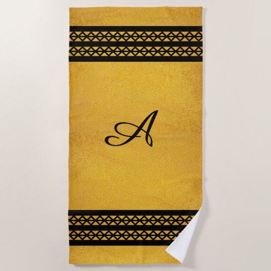 Serviette De Plage Or avec barres et diamants noires verticales (Devant)