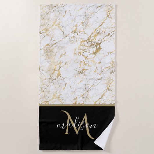 Serviette De Plage Or et Marbre blanc avec Monogramme noir (Devant)
