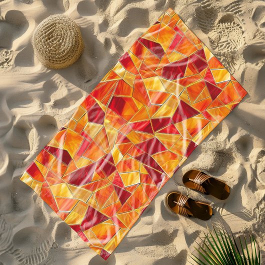 Serviette De Plage Orange and gold Stained Glass Mosaic Pattern