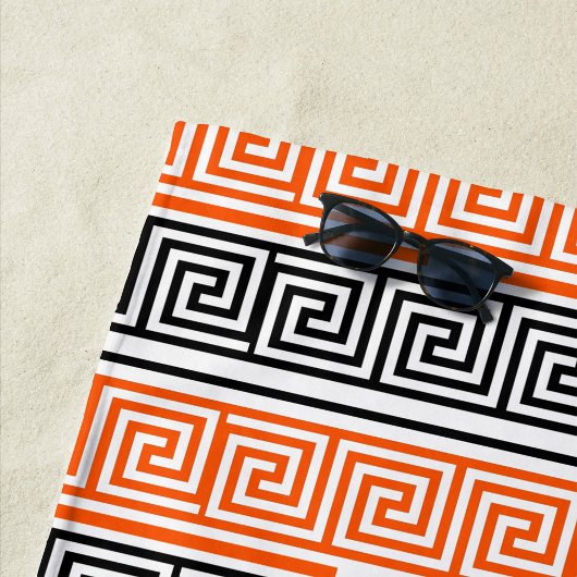 Serviette De Plage Orange Blanc Noir Clé grecque Fret Motif Design