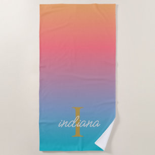 Serviette De Plage Orange Bleu Ombré Monogramme Moderne Nom