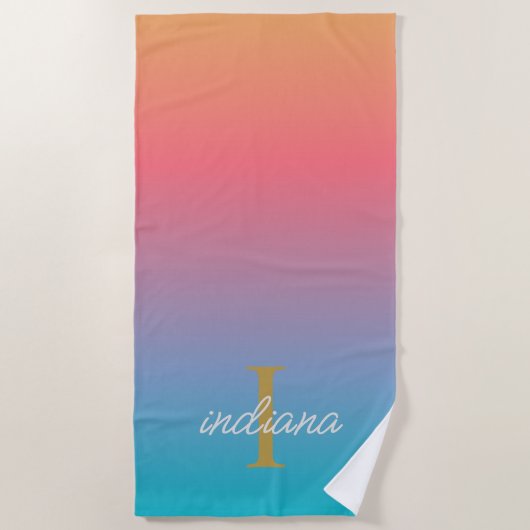 Serviette De Plage Orange Bleu Ombré Monogramme Moderne Nom (Devant)