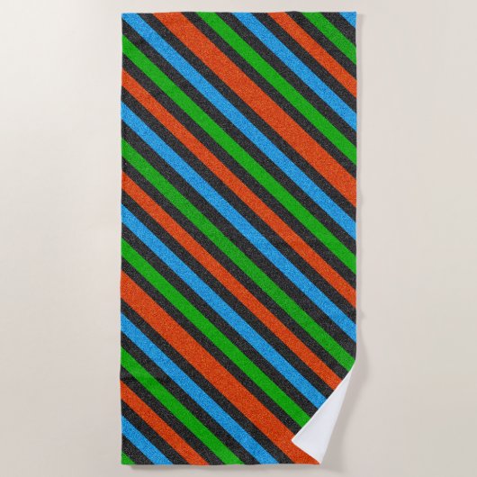 Serviette De Plage Orange, Bleu, Vert, Parties scintillant noire rayé (Devant)