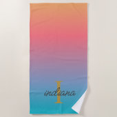 Serviette De Plage Orange Blue Ombre Moderne Monogramme Script (Devant)