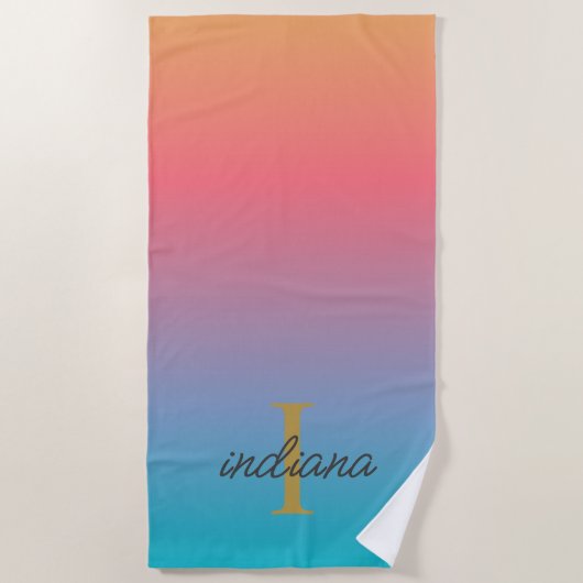 Serviette De Plage Orange Blue Ombre Moderne Monogramme Script (Devant)