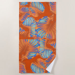 Serviette De Plage Orange brûlé et Feuilles tropicaux bleu électrique