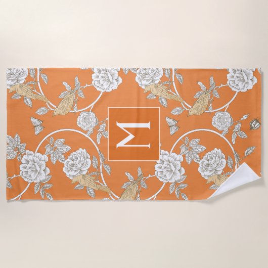 Serviette De Plage Orange Chinoiserie Fleurs et oiseaux Monogramme (Devant)