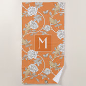Serviette De Plage Orange Chinoiserie Fleurs et oiseaux Monogramme (Devant)