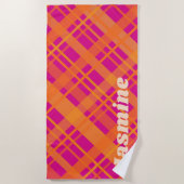 Serviette De Plage Orange magenta plaid motif nom personnalisé (Devant)