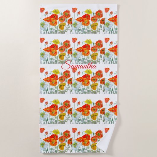 Serviette De Plage Orange Rouge Pavot Jaune Aquarelle Filles Nom (Devant)