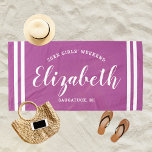 Serviette De Plage Orchid Purple Girls Weekend Nom personnalisé<br><div class="desc">Le design personnalisé des serviettes de plage pour une escapade de fin de semaine pour filles dispose d'un prénom personnalisé dans l'écriture de script moderne encadré par des bandes côtières, avec texte personnalisé pour l'occasion. La couleur arrière - plan violette de l'orchidée radiante peut être modifiée. Visitez notre boutique pour...</div>