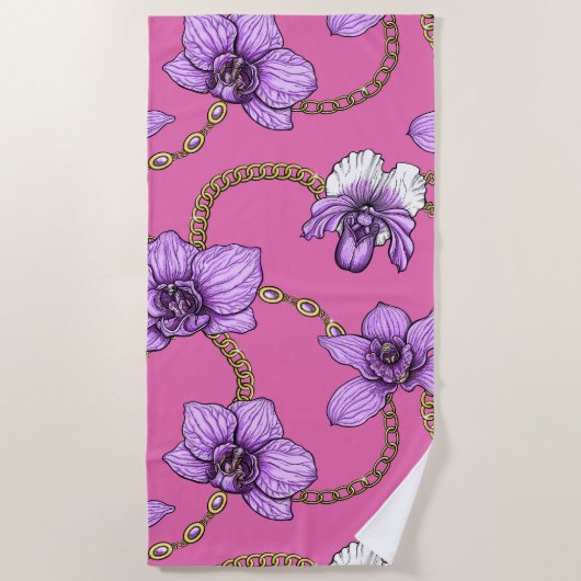 Serviette De Plage Orchidées et chaînes, violet et rose (Devant)