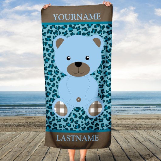 Serviette De Plage Ours bleu Nom personnalisé Enfants