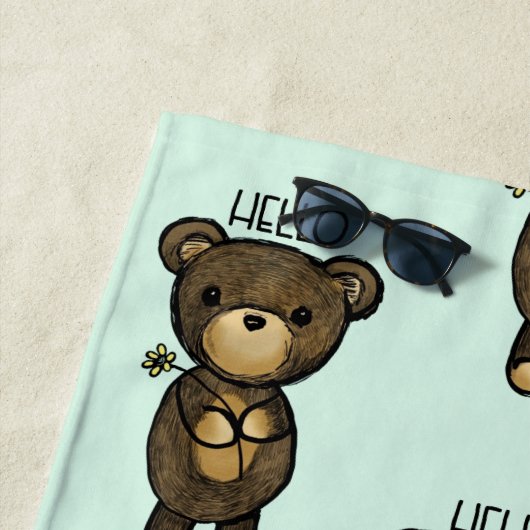 Serviette De Plage Ours Brown mignon tenant une Fleur Jaune (En situation)